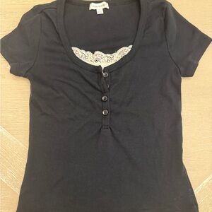 Pink Rose Black Button-Up Tee with Lace Detail